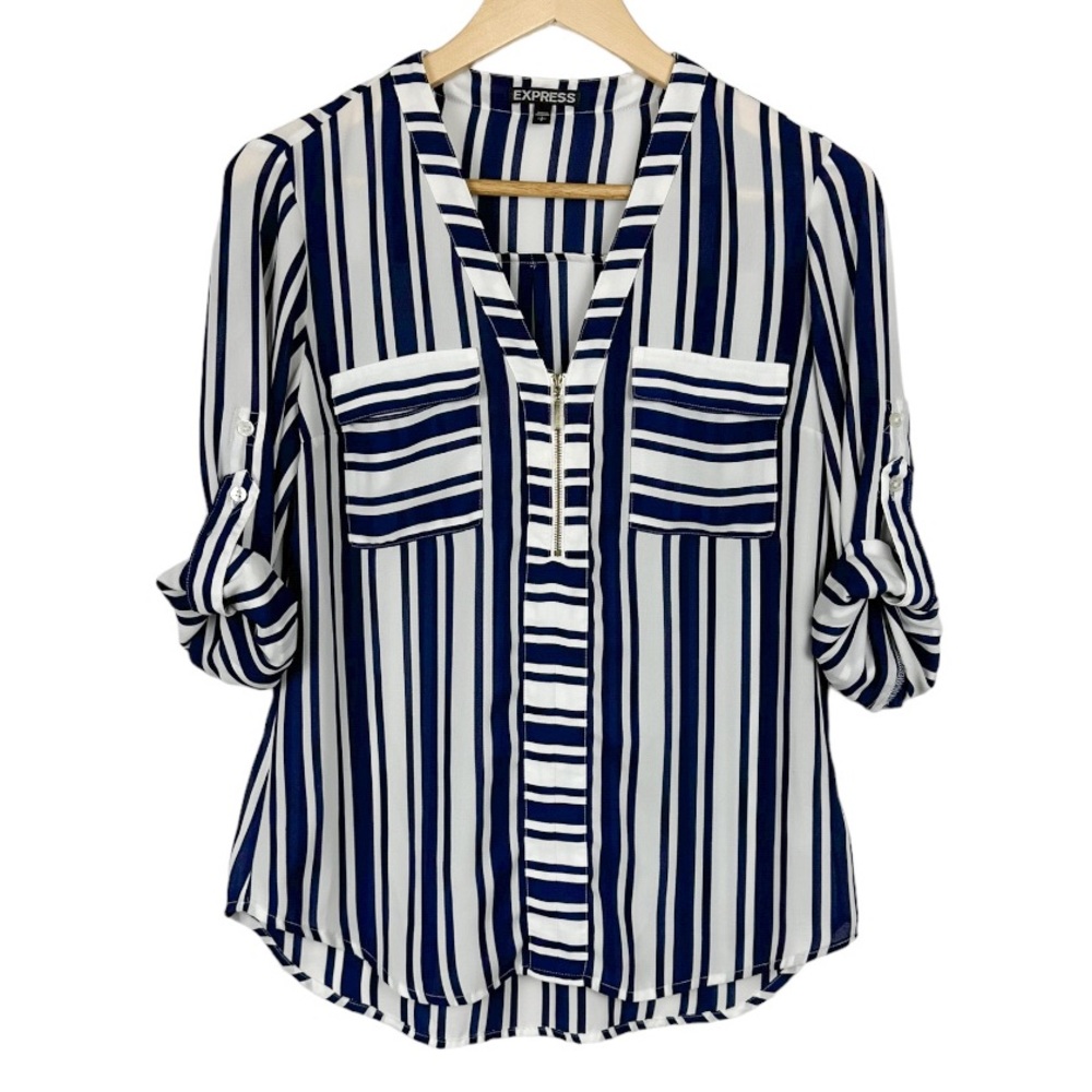 Express Striped Zipper Business Casual Roll Tab Sleeve Blouse Size Small